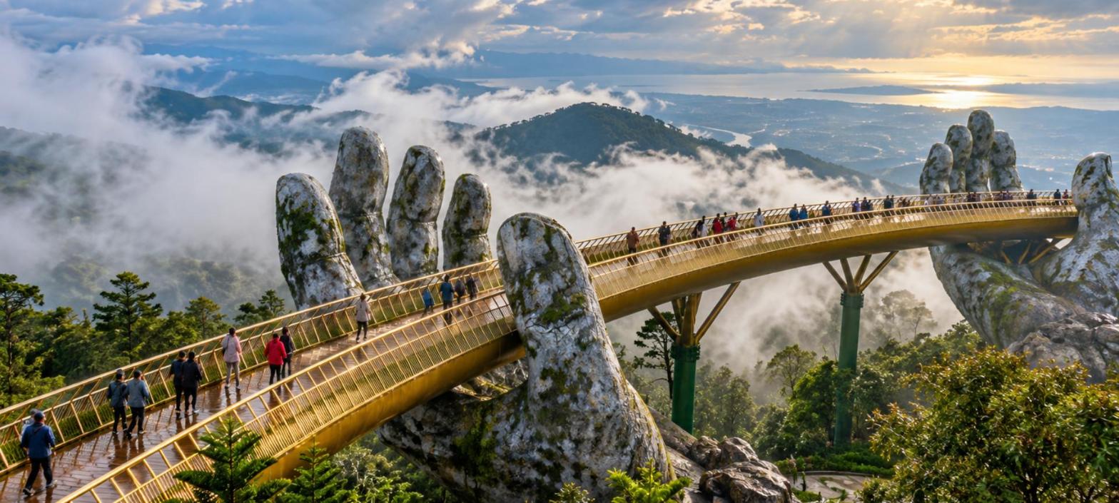 Cầu Vàng Bà Nà Hills trong mây và sương mù sau mưa tháng 11