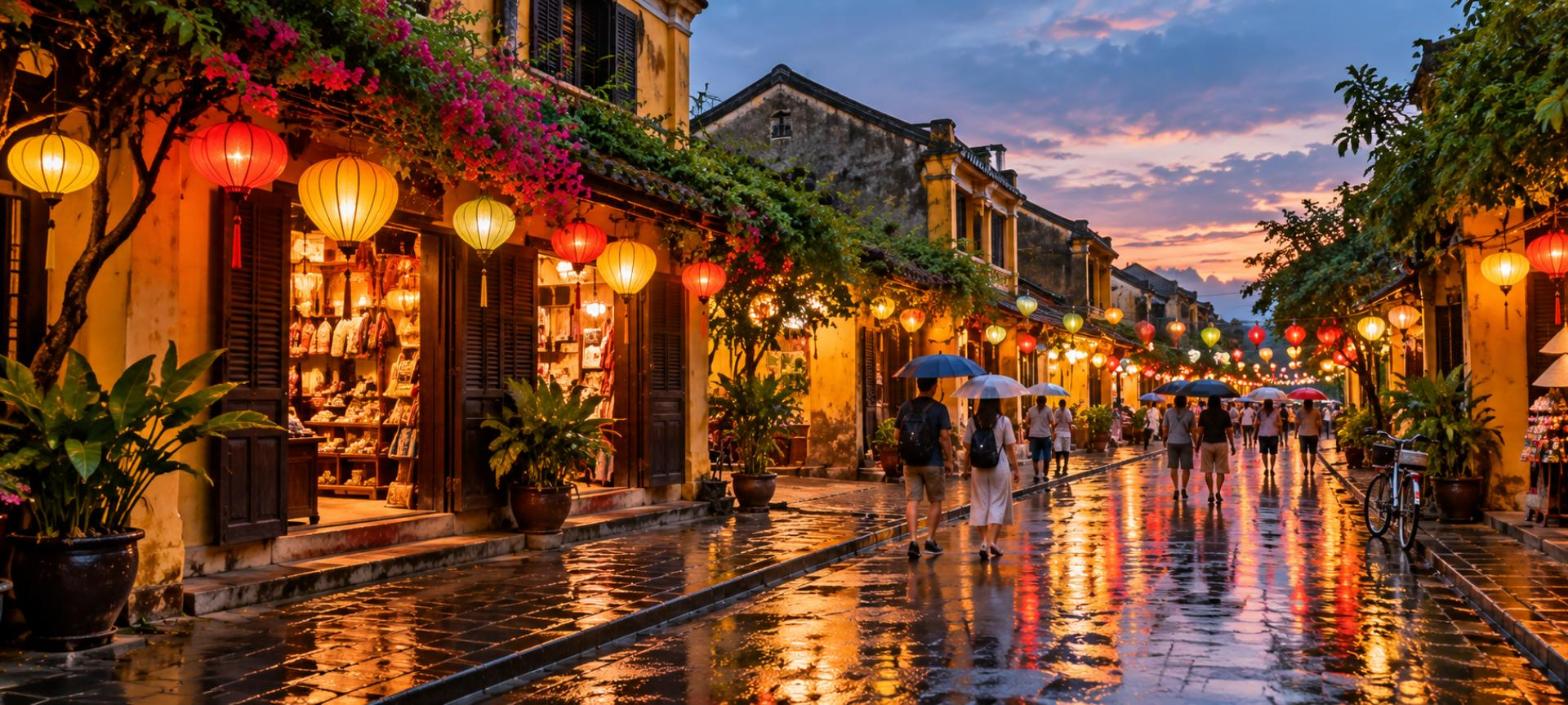 Phố cổ Hội An sau cơn mưa tháng 11, đèn lồng thắp sáng và mặt đường ướt